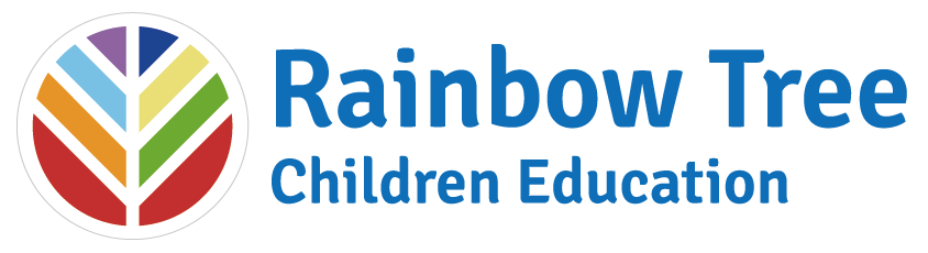 Rainbow tree logo for children's education program, designed with vibrant colors to lead young minds towards knowledge and creativity.