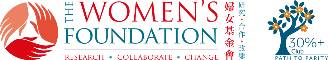 Logo of The Women's Foundation with the text "RESEARCH • COLLABORATE • CHANGE" and partnership with the 30% Club Path to Parity initiative. The logo, prominently displayed on their WordPress site, features stylized hands and Chinese characters.