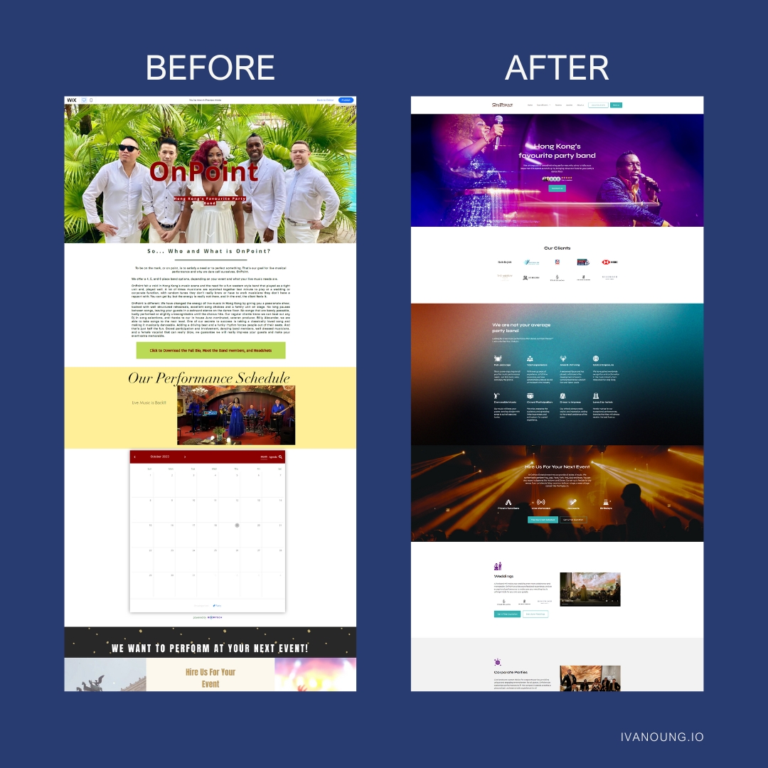 OnPoint Entertainment's homepage before and after the redesign